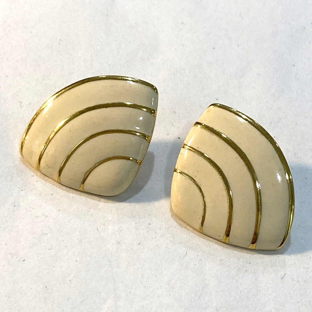 Vintage Napier pierced earrings gold tone & cream enamel finish mod shell shapes